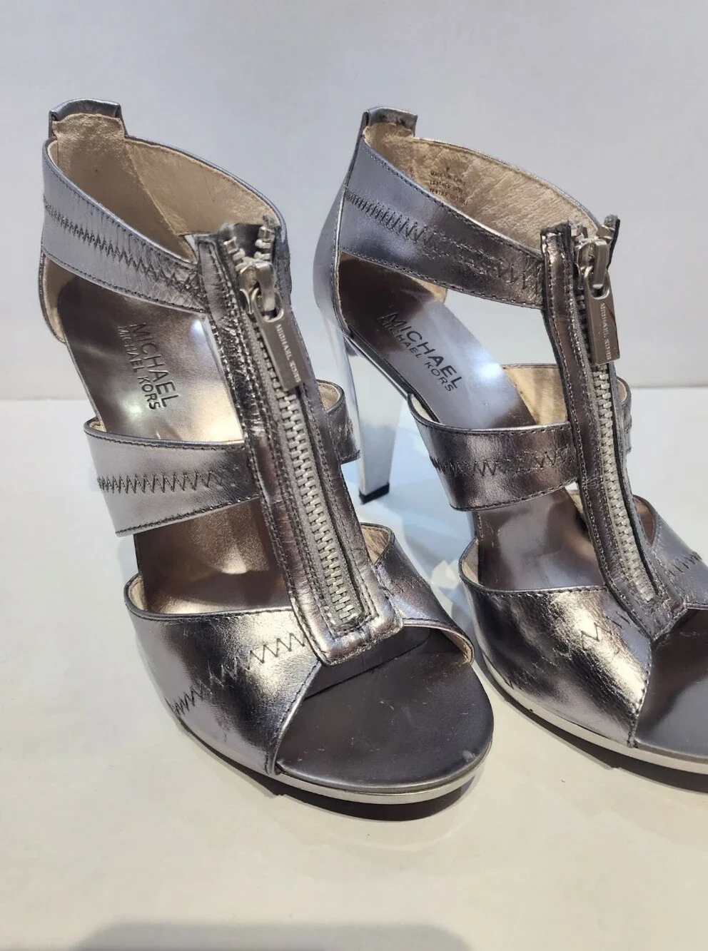 Michael Kors Metallic Silver Zip-Front Strappy Stiletto Sandals